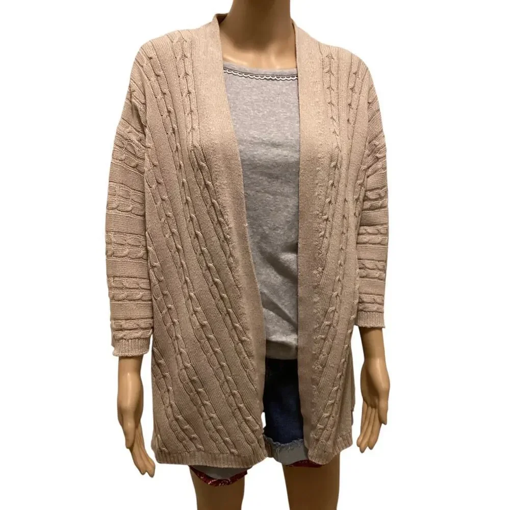 J‎ Jill Cable Knit Open Front Cardigan 3/4 Sleeves beige M/L